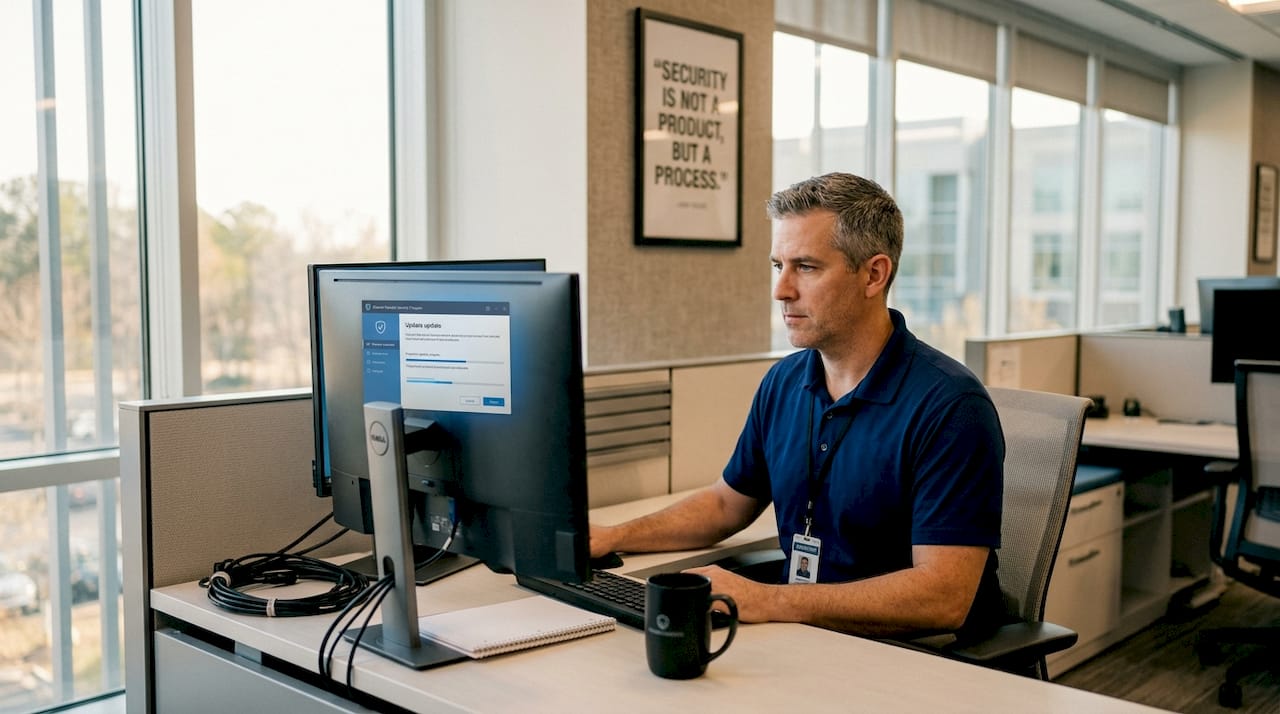 IT staff updating security software in clinic