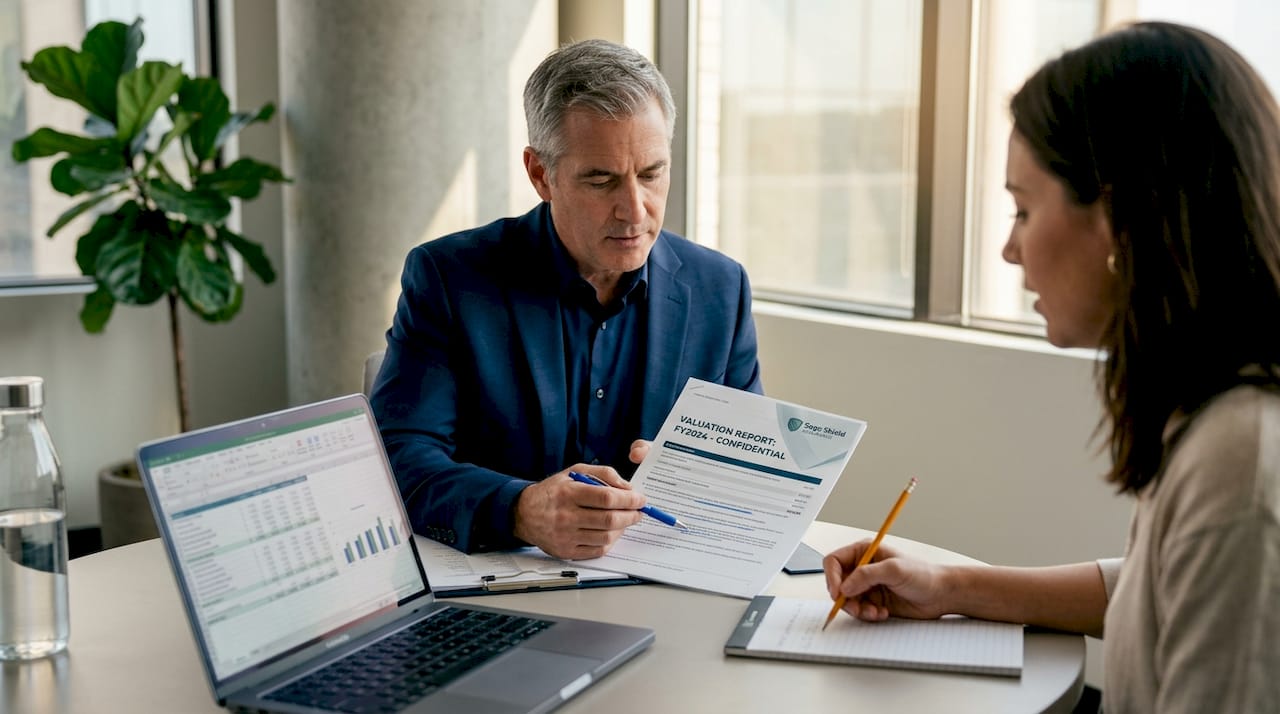 CPA and business owner reviewing valuation documents