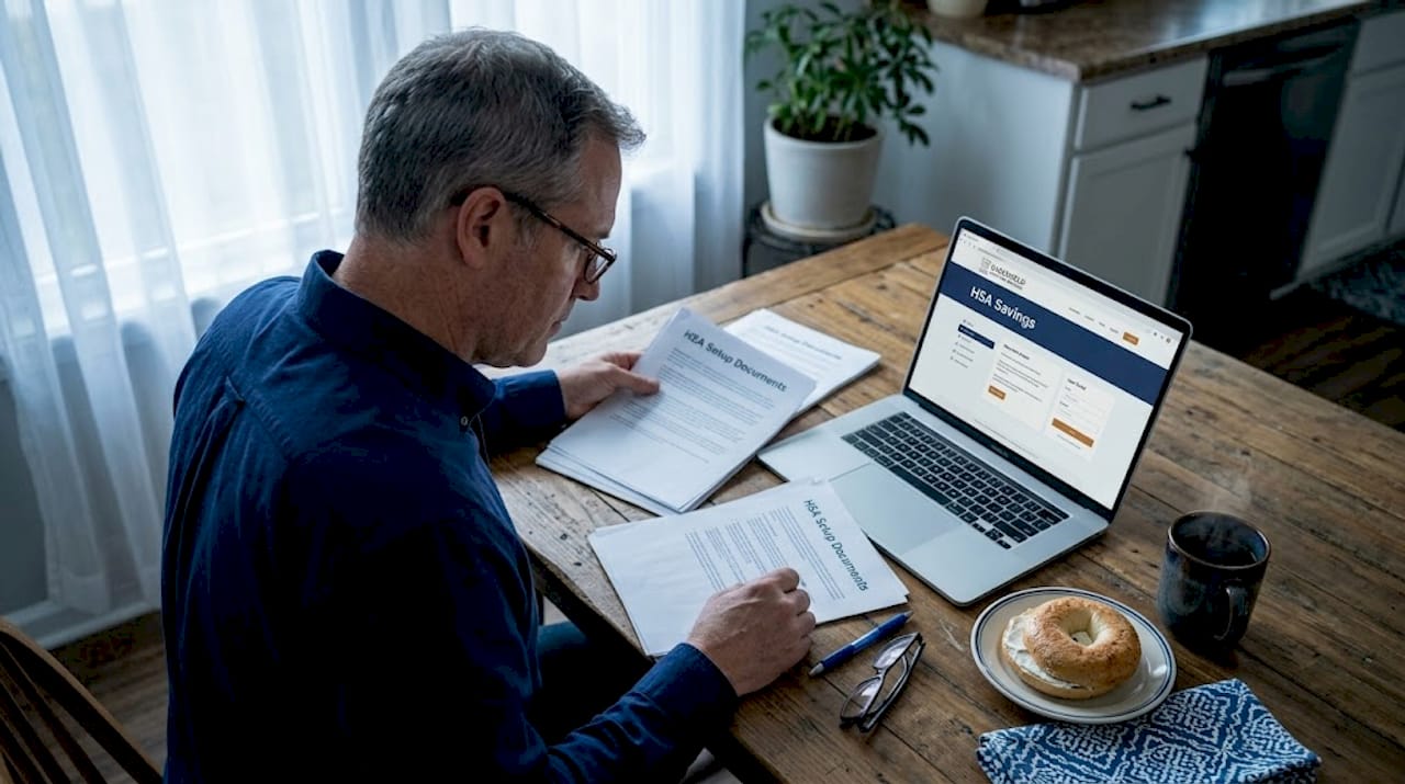 Man opening HSA documents at kitchen table