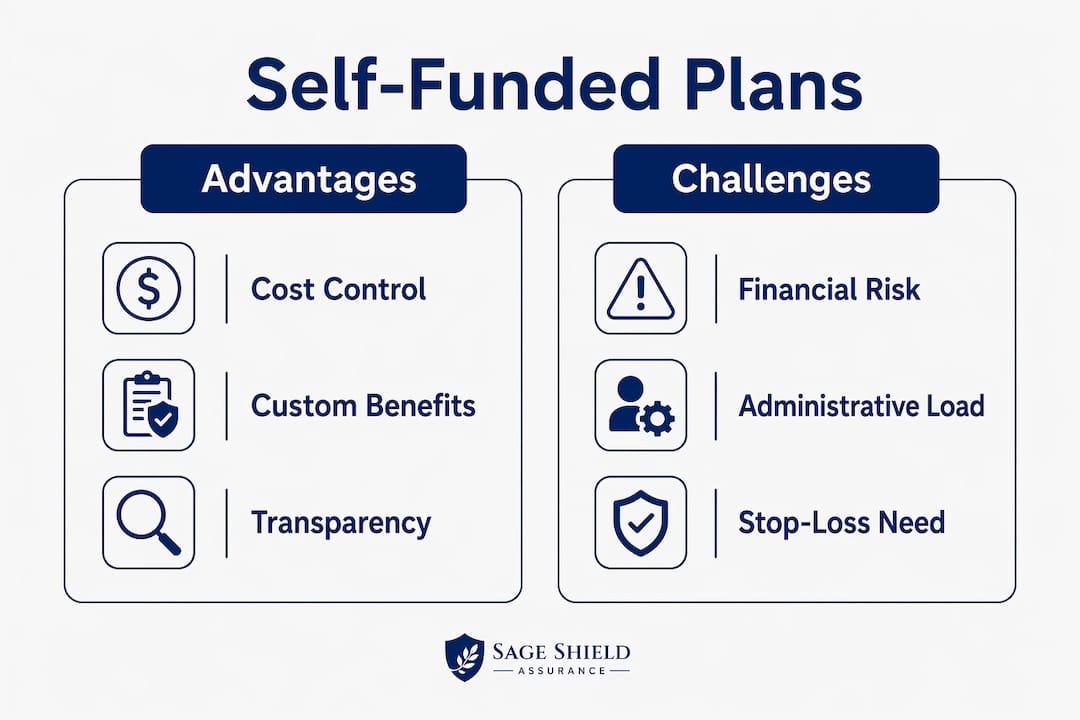 Infographic comparing advantages and challenges of self-funded plans