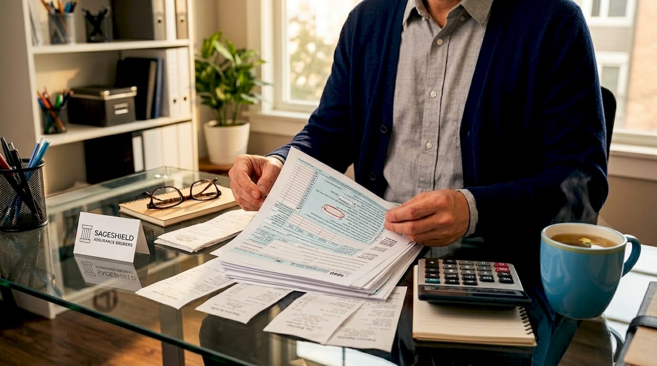 Hands with tax form and calculator on table