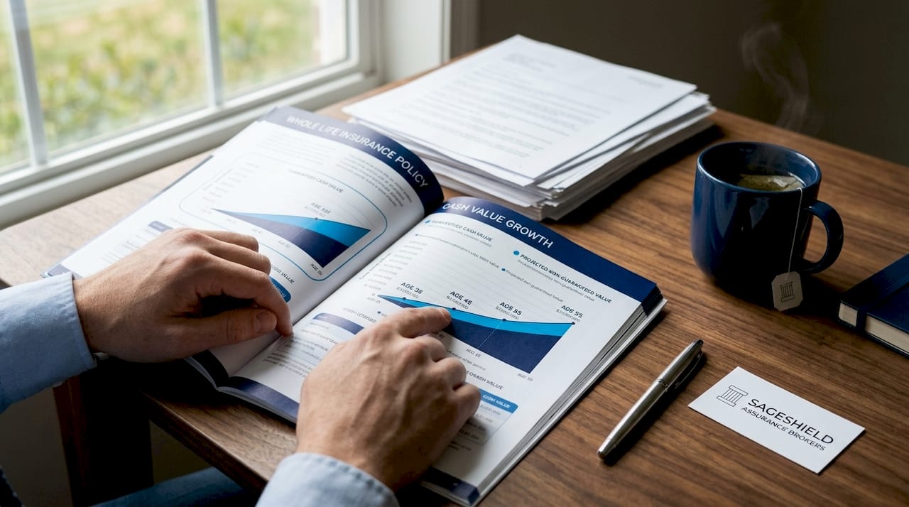 Hands holding whole life policy booklet showing cash value section
