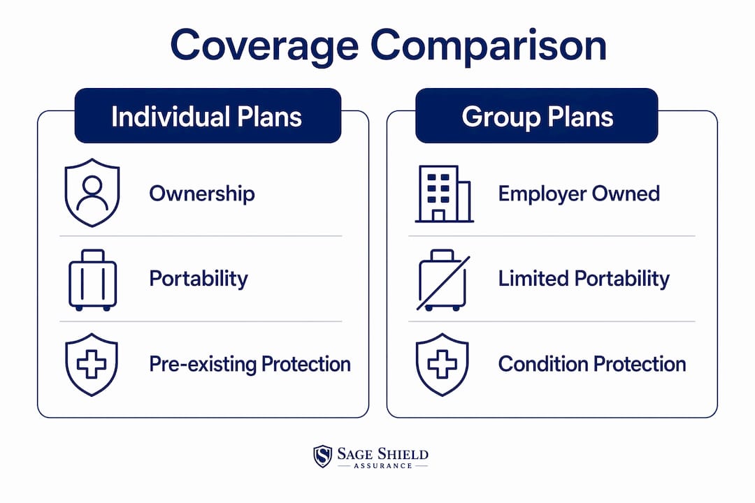 Infographic comparing individual and employer health coverage