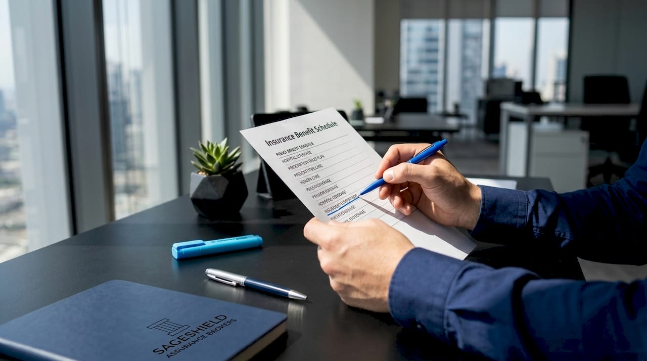 Hands underlining insurance benefit schedule