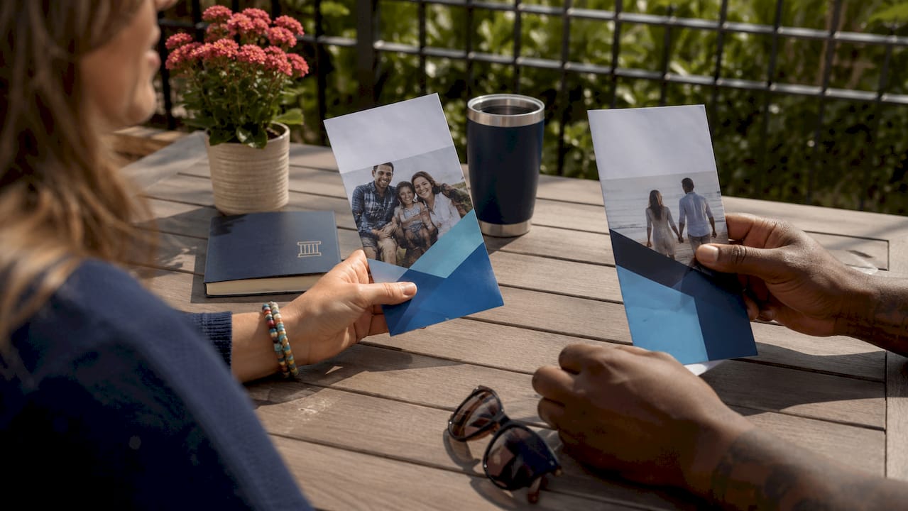 Hands holding term and permanent life insurance brochures