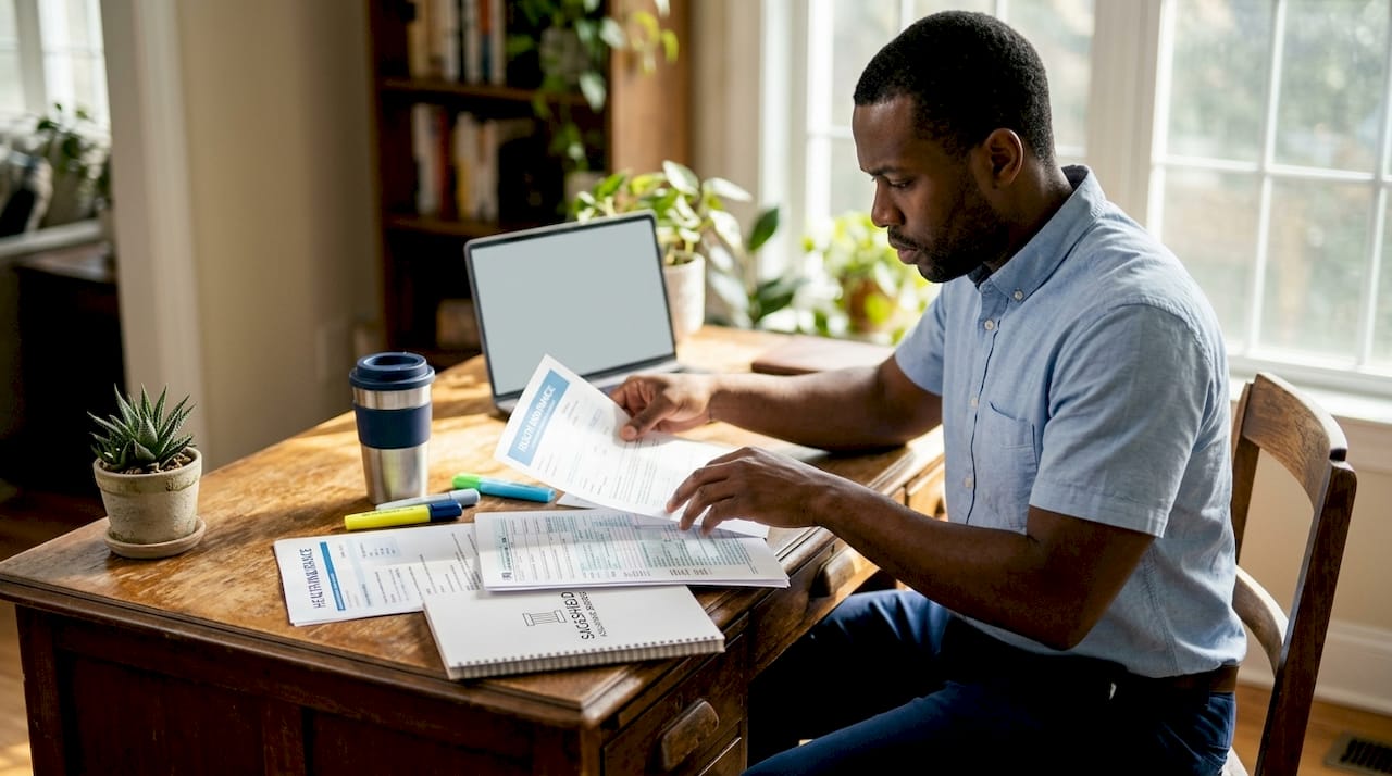 Hands sorting self-employed health insurance tax documents