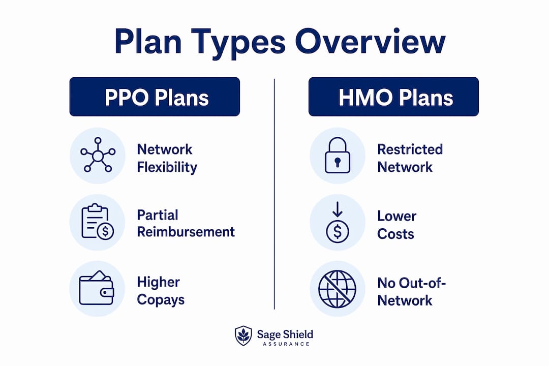 Infographic comparing PPO and HMO mental health coverage plans