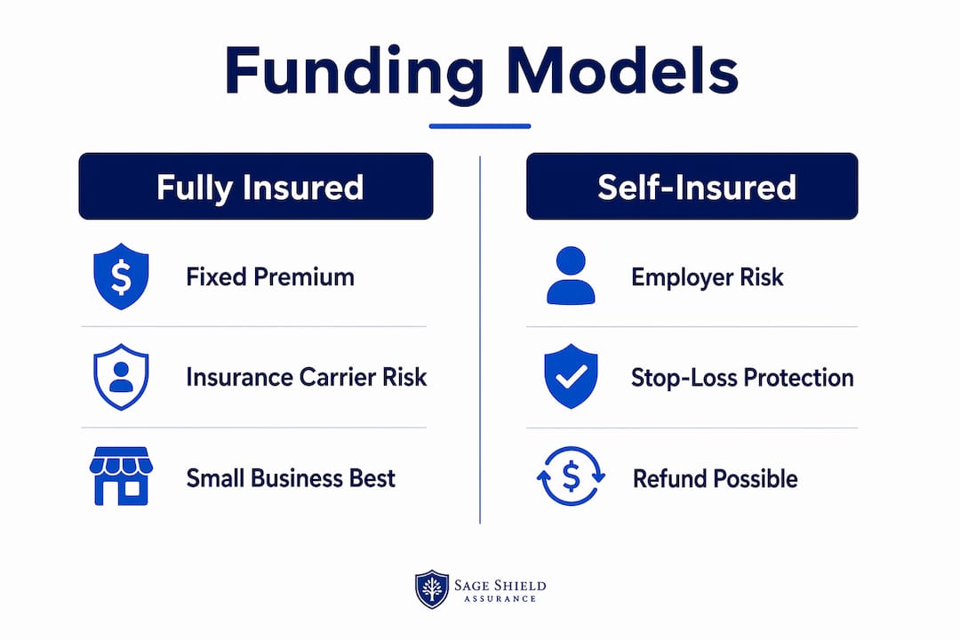 Infographic depicting main group health funding models