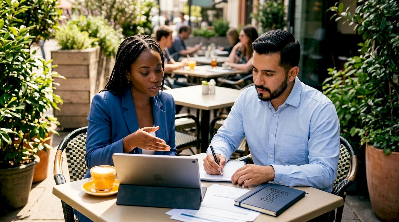 Small business partners discussing tax credits in cafe