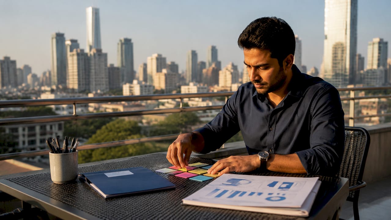 Hands sorting sticky notes on desk for insurance planning