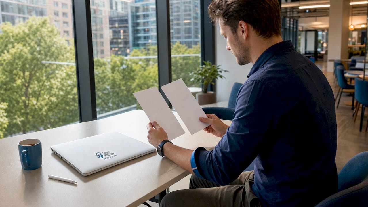 Small business owner examining health plan brochures