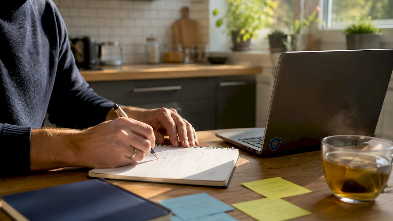 Hands writing income projections on notepad