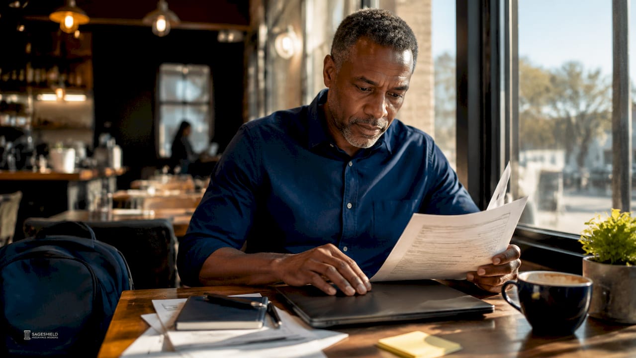 Man filling maternity insurance enrollment forms at desk