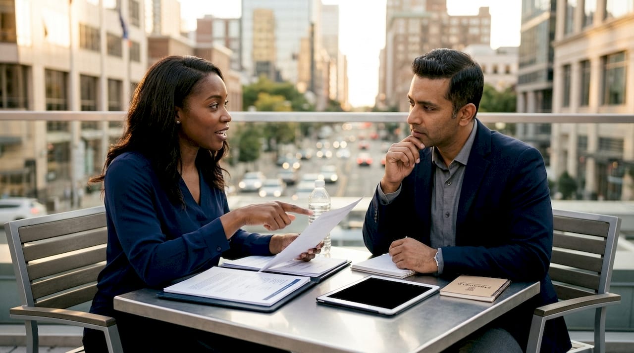 Two professionals discussing health plans at table