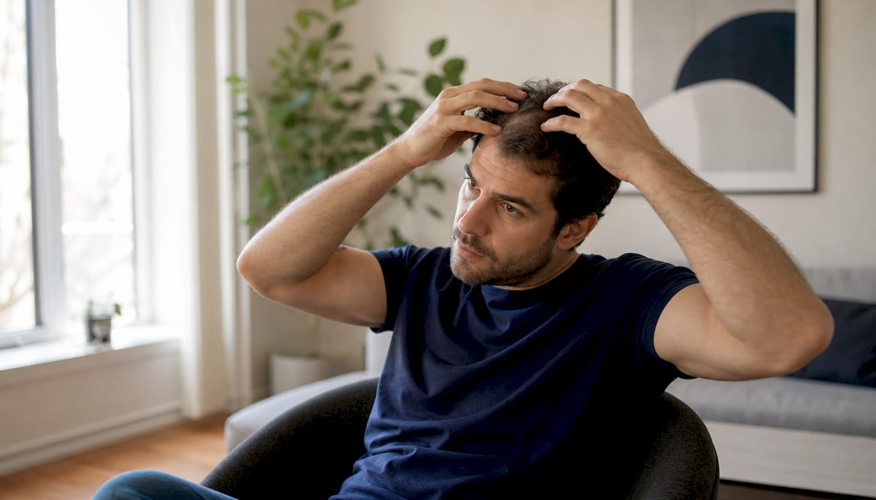 Man applying firm scalp massage on thinning hair