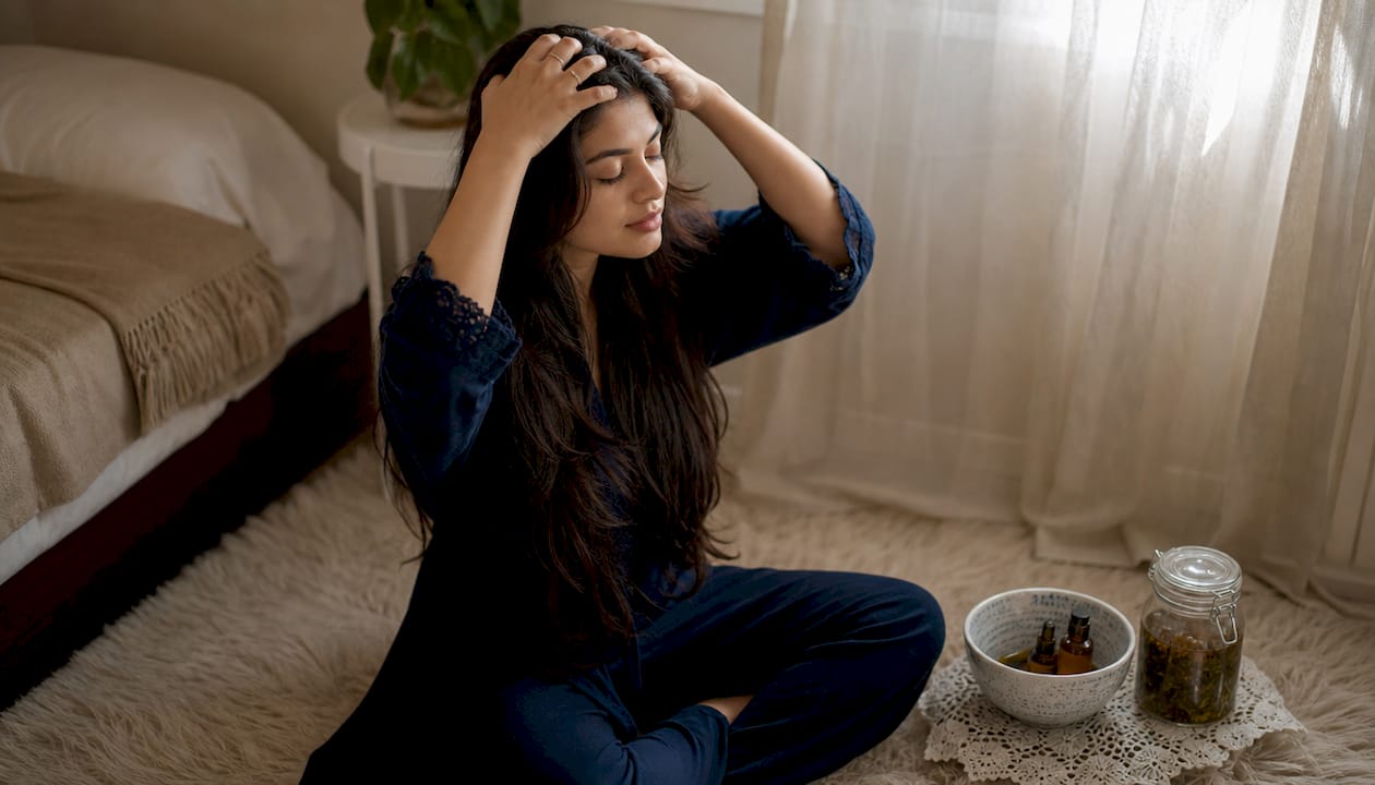 Close-up of scalp massage with natural oils
