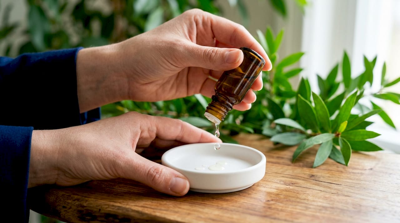 Hands holding tea tree oil dropper bottle