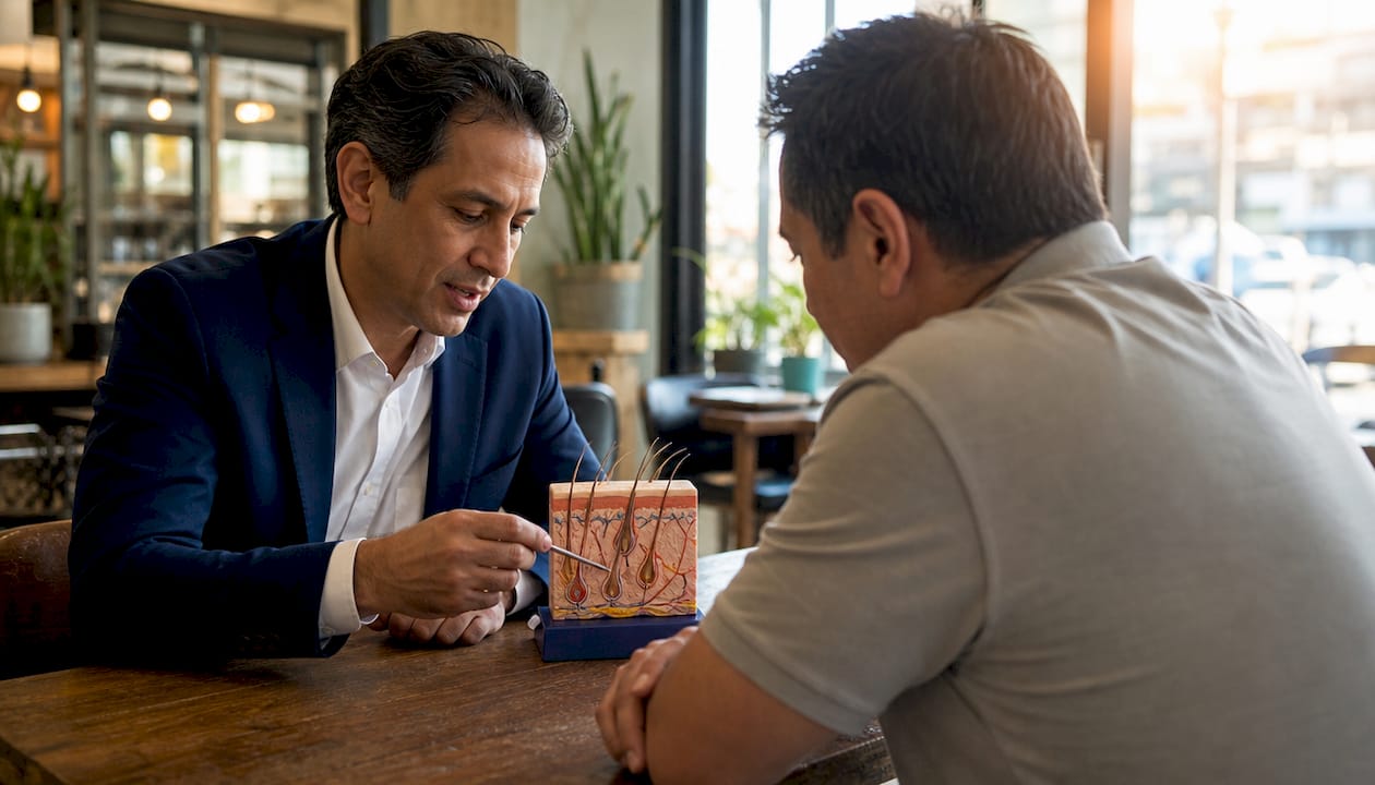 Dermatologist explaining follicle inflammation to patient