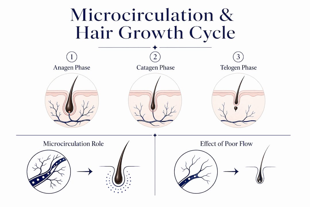 Infographic illustrating hair growth cycle and microcirculation role