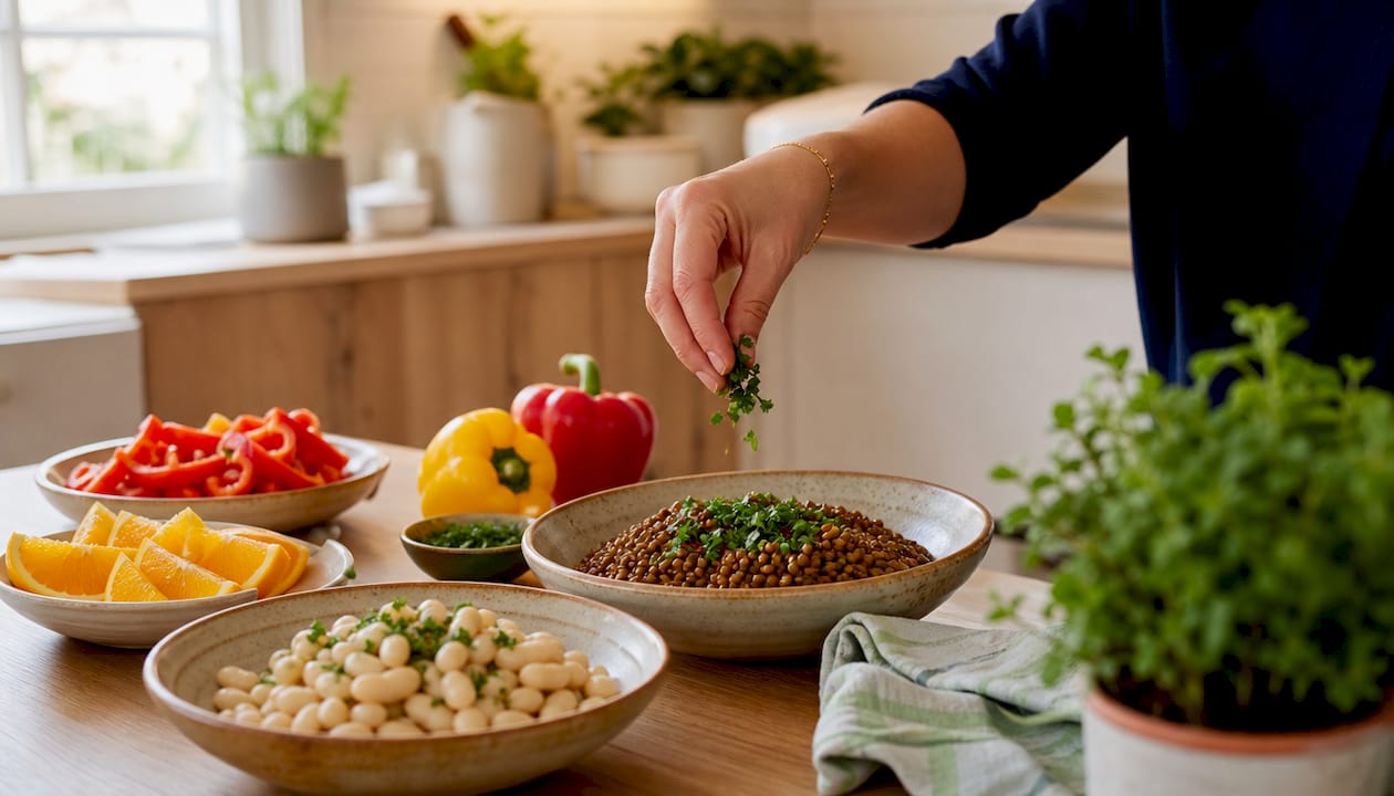 Overhead view of nutrient-dense foods supporting hair growth