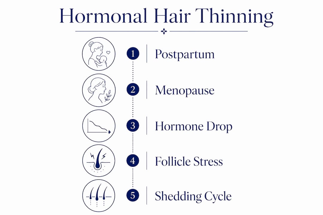 Infographic showing hormonal causes and stages of female hair thinning