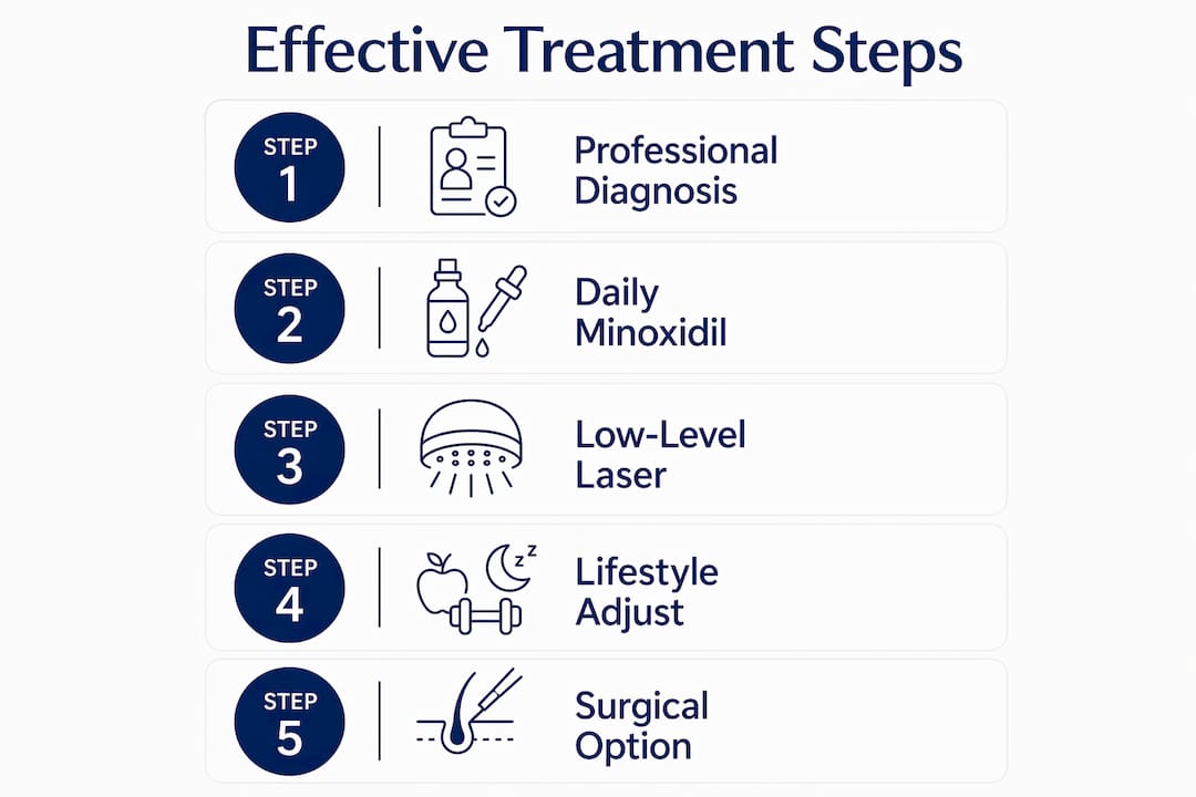 Infographic illustrating treatment steps for crown hair thinning