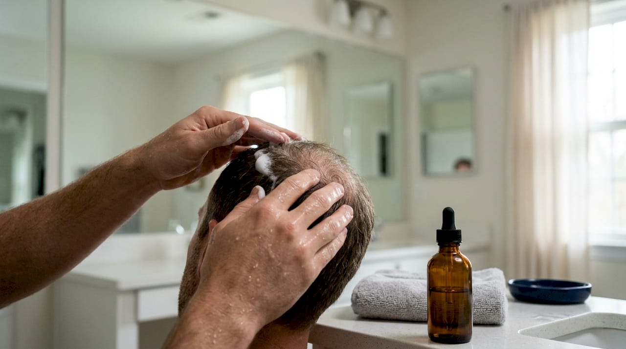 Hands applying topical treatment to crown scalp