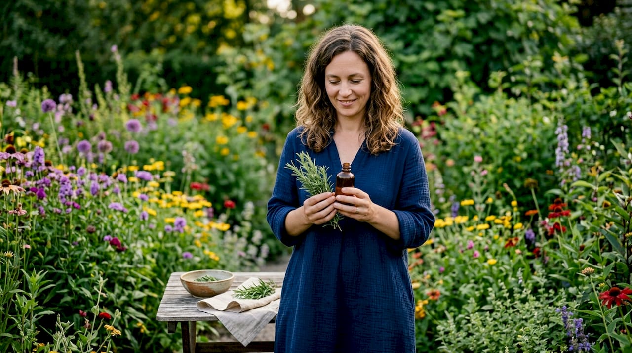 Hands holding rosemary and essential oil bottle