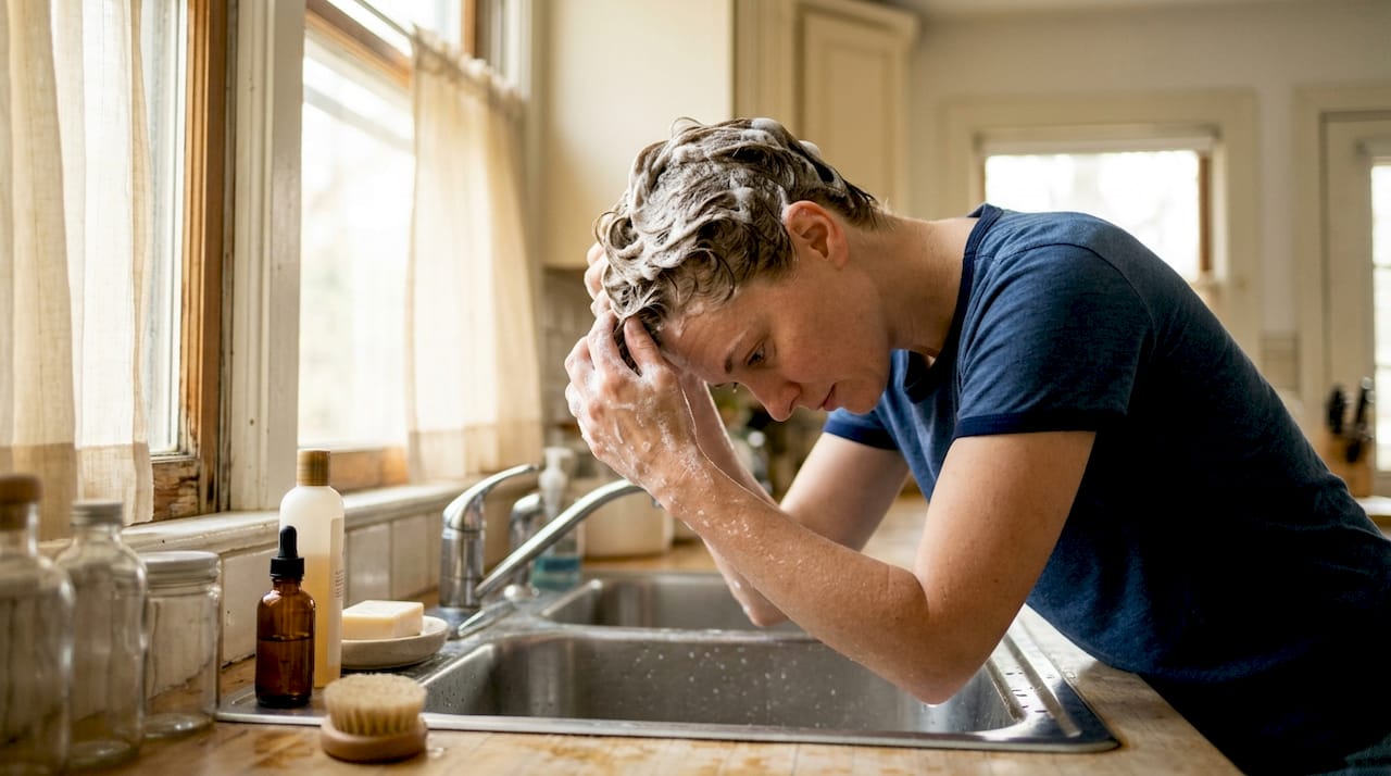 Hands applying tea tree shampoo to scalp