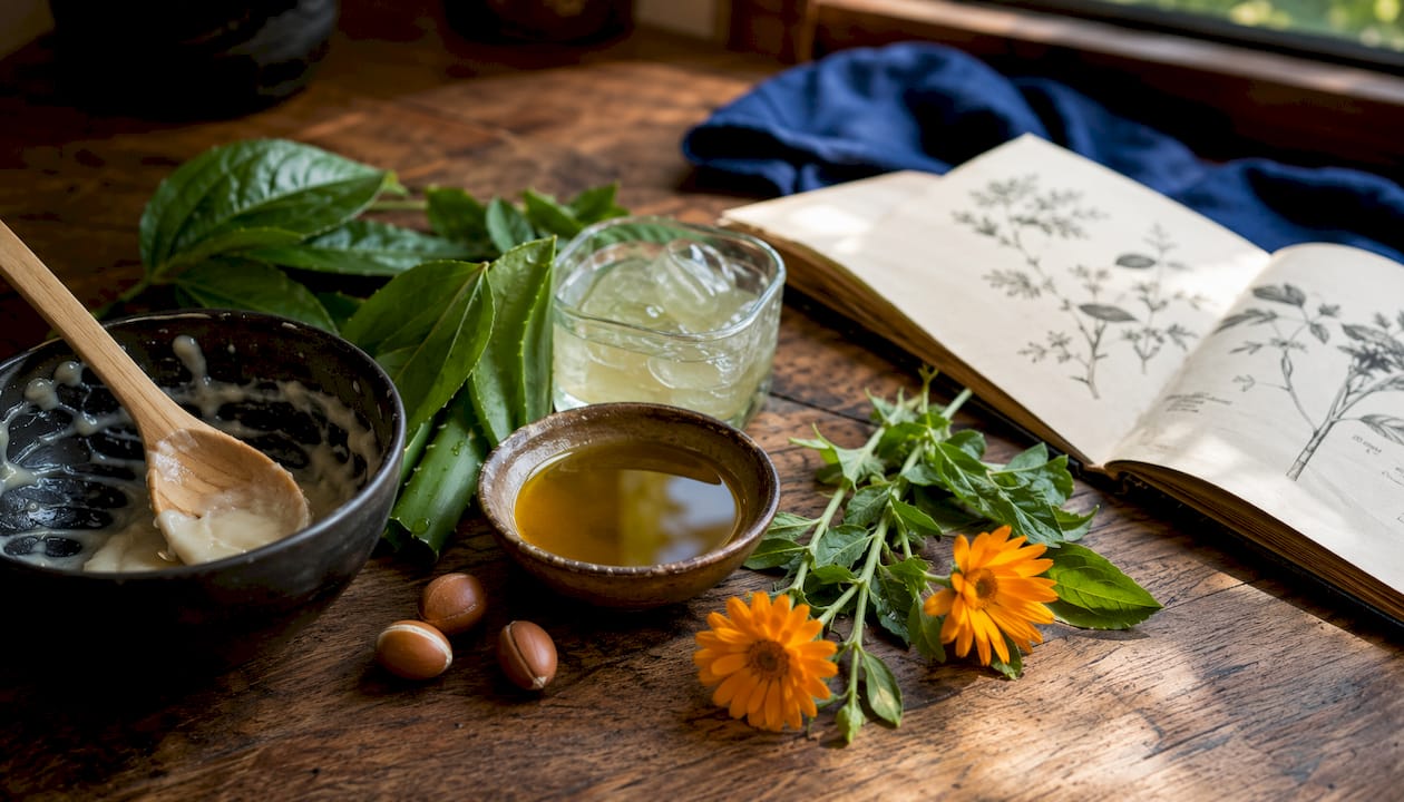 Natural plant ingredients for scalp treatment flat lay