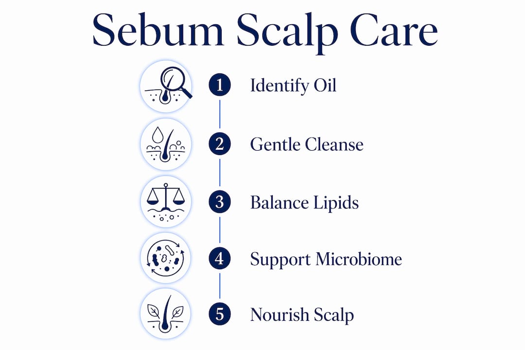 Infographic illustrating steps for balancing scalp sebum