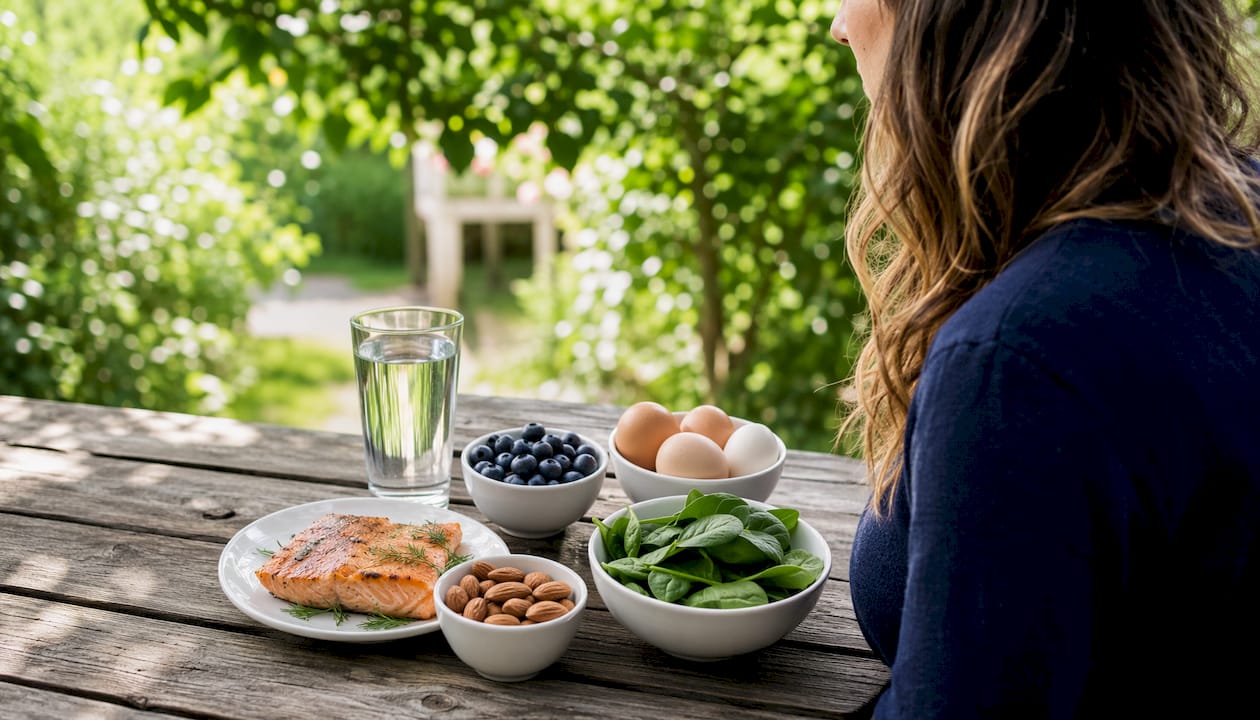 Hair nutrition foods displayed on kitchen table