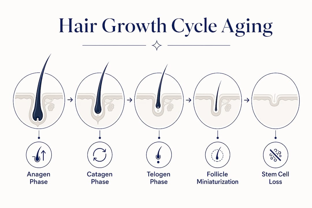 Infographic showing hair growth cycle changes with aging