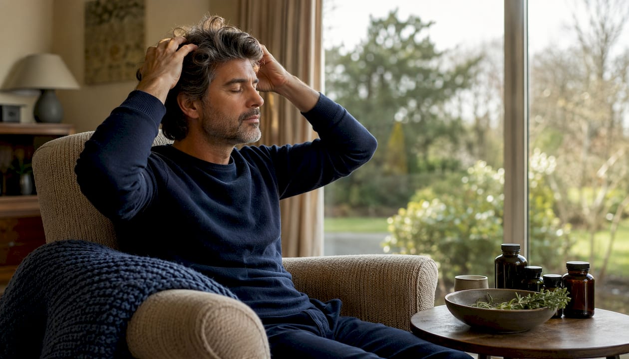Man massaging scalp with vitamin care products