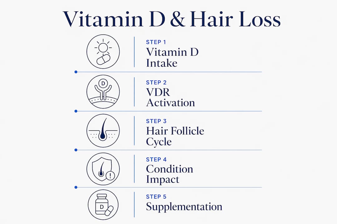 Infographic showing steps linking vitamin D to hair loss conditions