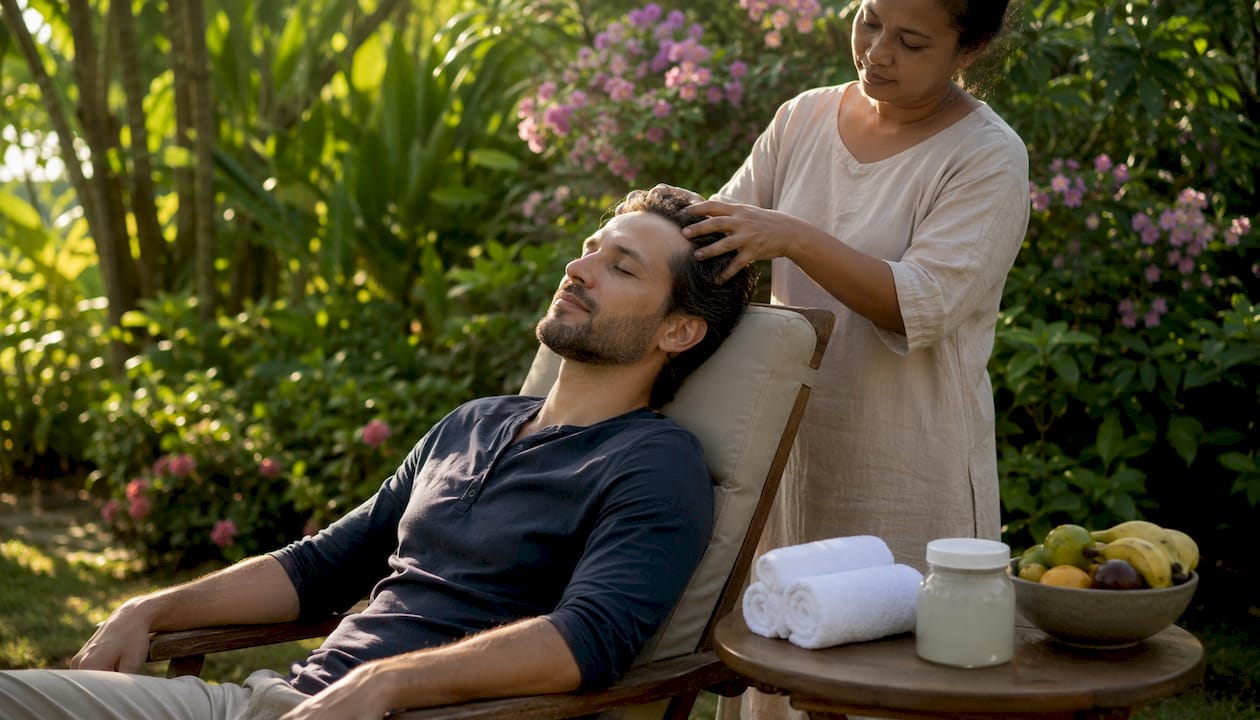 Hands massaging coconut oil into scalp