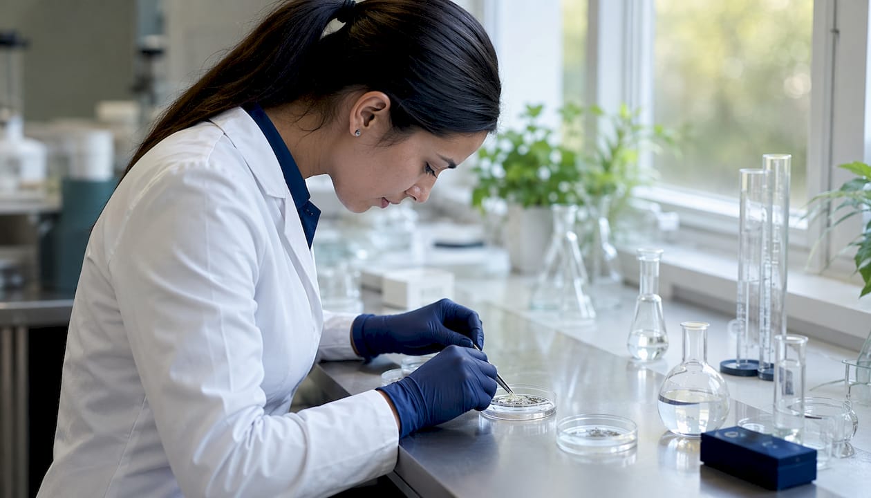 Scientist handling hair follicle sample in lab