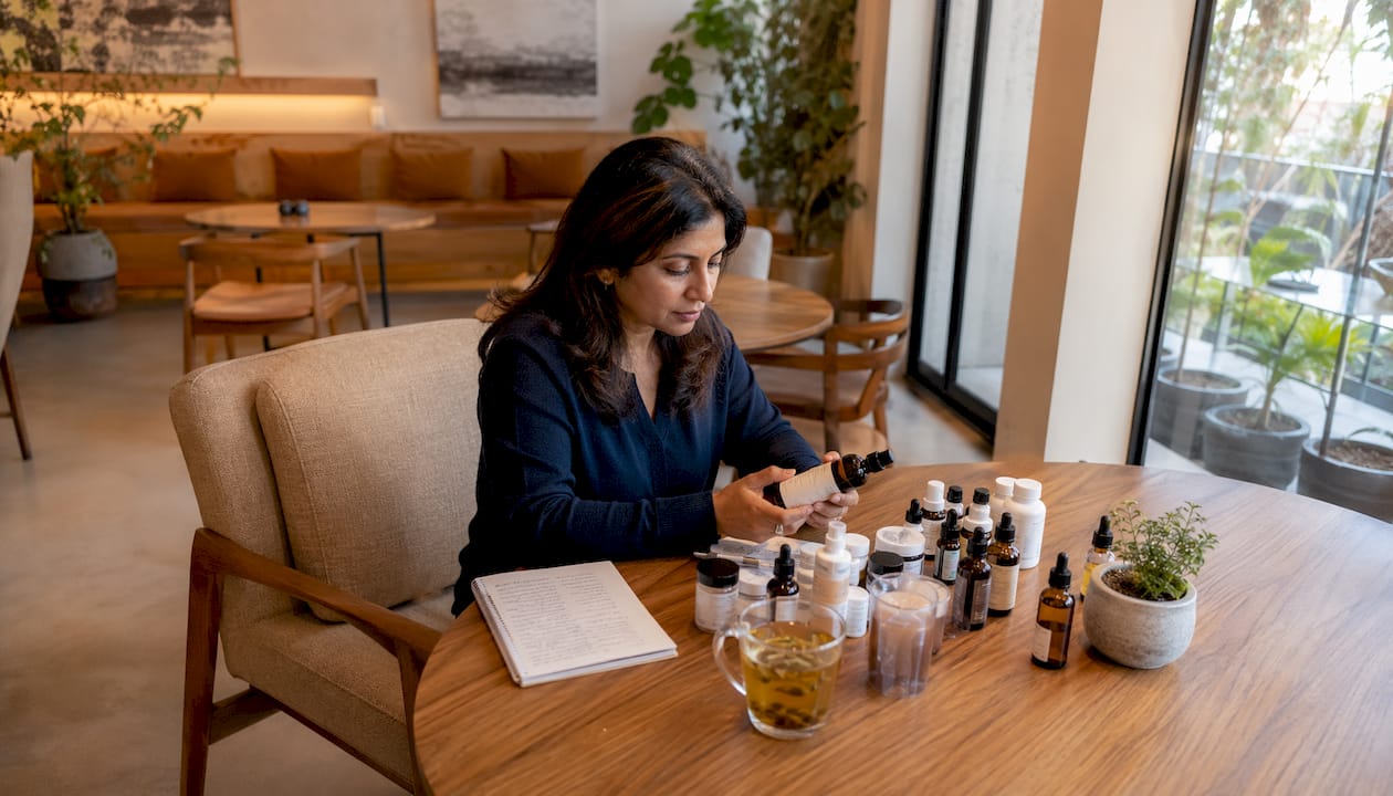 Woman reviewing supplements at home table