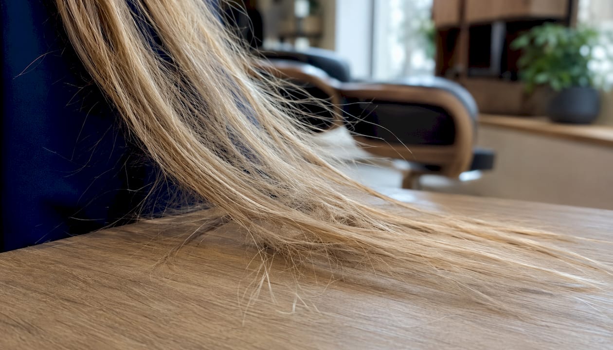 Close-up of heat damaged blonde hair strands