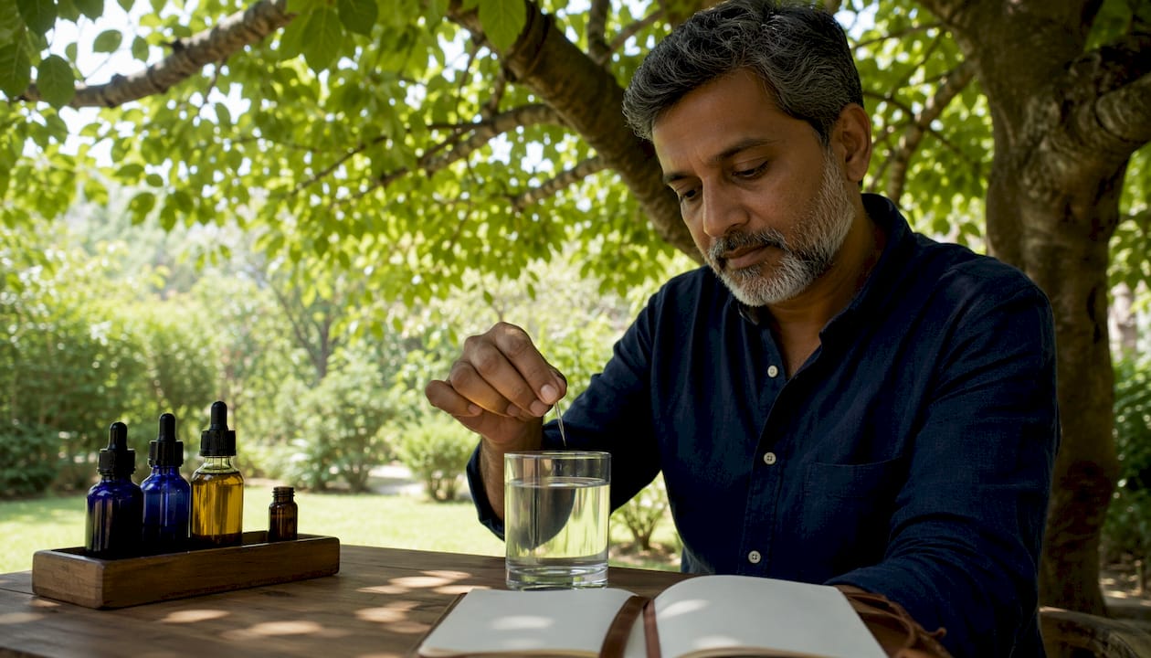Man testing hair porosity at home kitchen table