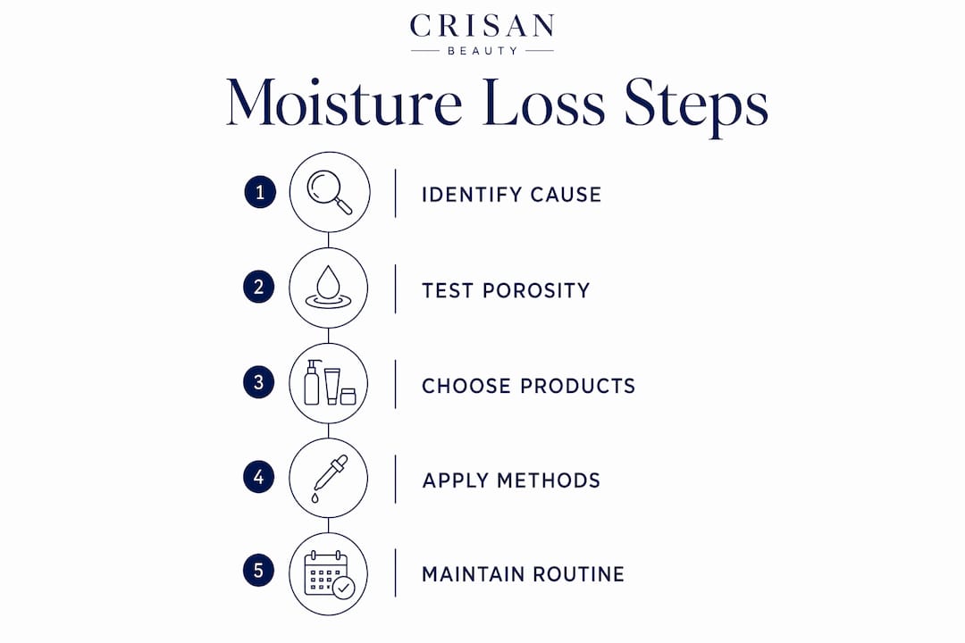 Infographic illustrating hair moisture loss and care steps