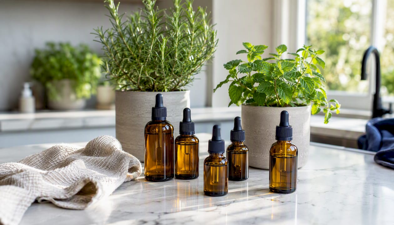 Bottles of rosemary and peppermint oils with fresh herbs