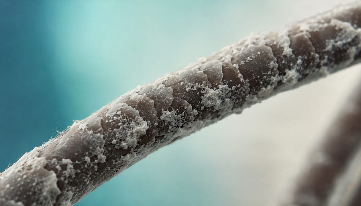 Close-up of hair cuticle with mineral buildup