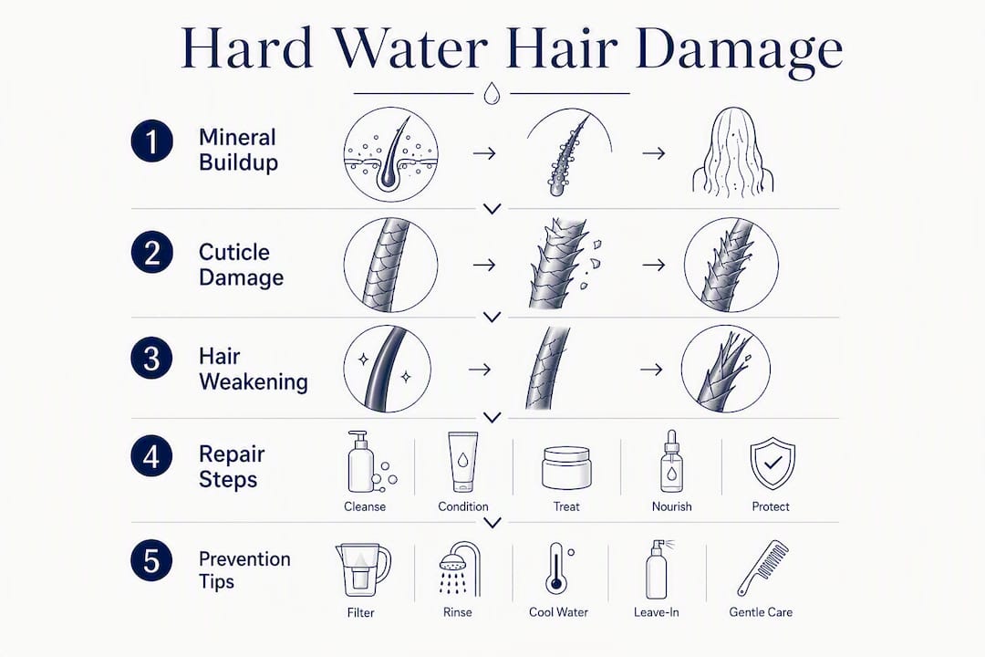 Infographic illustrating hard water hair damage stages