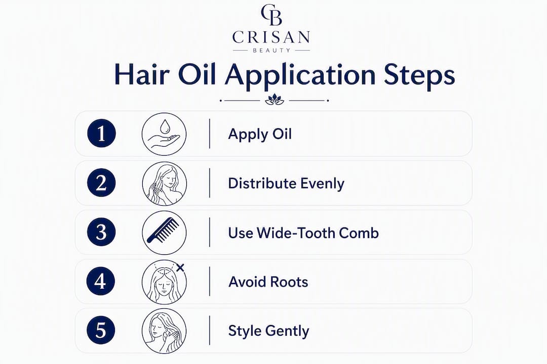 Infographic illustrating hair oil application steps
