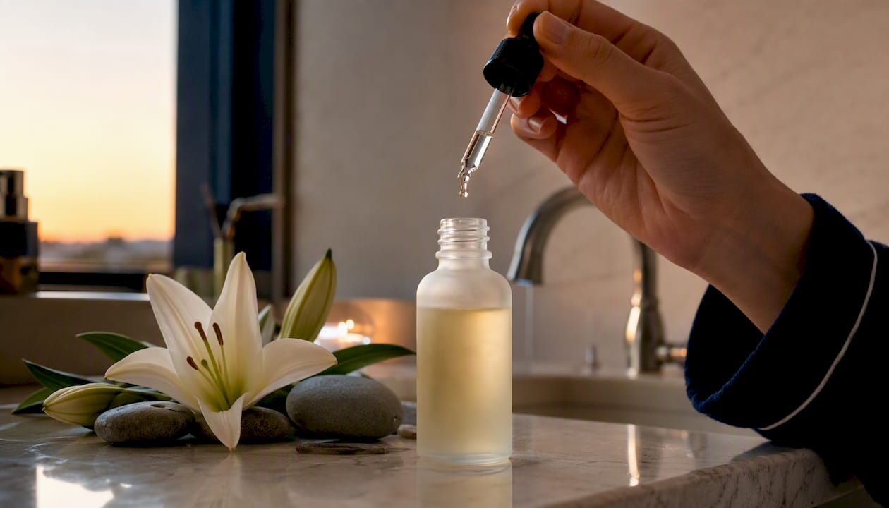 Droplet of squalane oil above sleek bottle on shelf