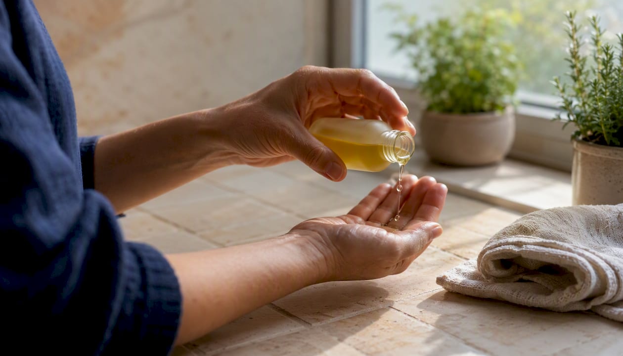 Hands pouring grapeseed oil into palm in bathroom