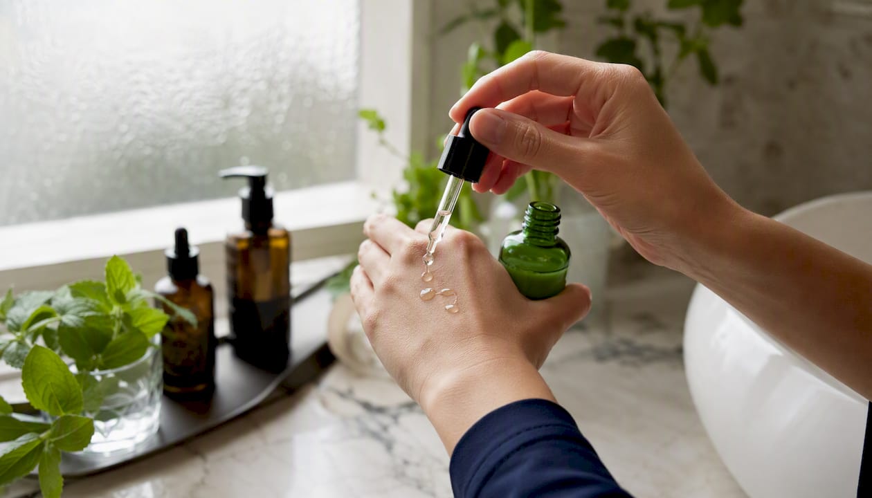 Close-up of scalp serum dropper and ingredients