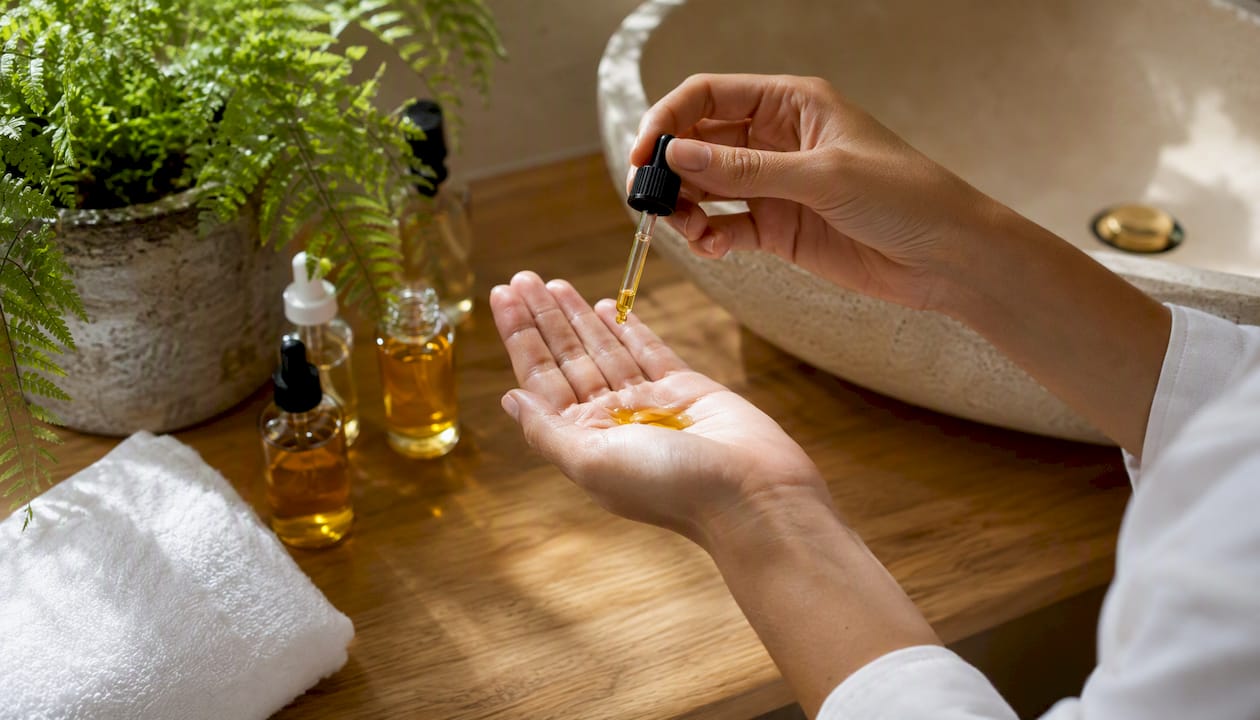 Pouring jojoba oil into hand for hair care