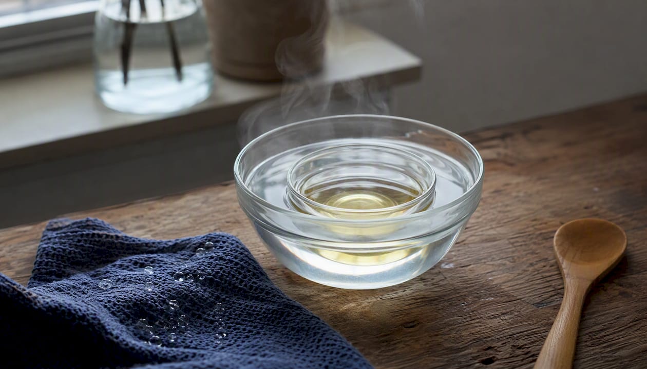 Plant oil bottle warming in water bath